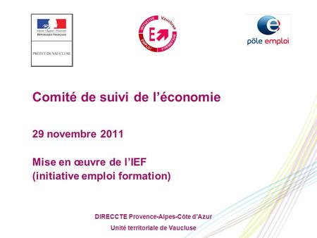 DIRECCTE Provence-Alpes-Côte d’Azur Unité territoriale de Vaucluse Comité de suivi de l’économie 29 novembre 2011 Mise en œuvre de l’IEF (initiative emploi.
