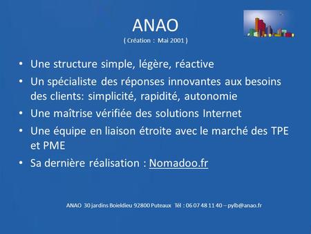 ANAO ( Création : Mai 2001 ) Une structure simple, légère, réactive Un spécialiste des réponses innovantes aux besoins des clients: simplicité, rapidité,