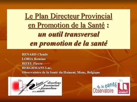Le Plan Directeur Provincial en Promotion de la Santé : un outil transversal en promotion de la santé RENARD Claude LORIA Romina BIZEL Pierre BERGHMANS.