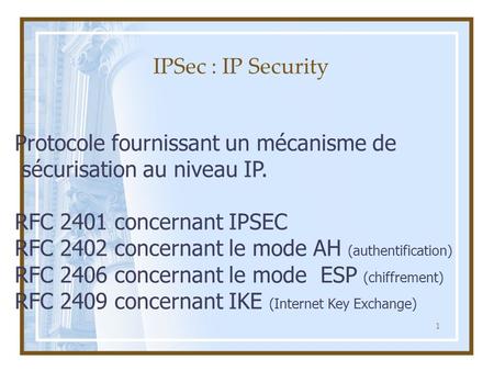 IPSec : IP Security Protocole fournissant un mécanisme de