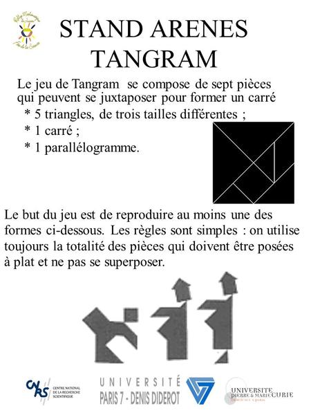 STAND ARENES TANGRAM Le jeu de Tangram se compose de sept pièces qui peuvent se juxtaposer pour former un carré * 5 triangles, de trois tailles différentes.