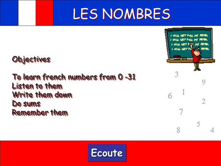 LES NOMBRES Ecoute Objectives To learn french numbers from 0 -31
