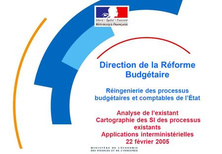 Direction de la Réforme Budgétaire Réingenierie des processus budgétaires et comptables de l’État Analyse de l’existant Cartographie des SI des processus.