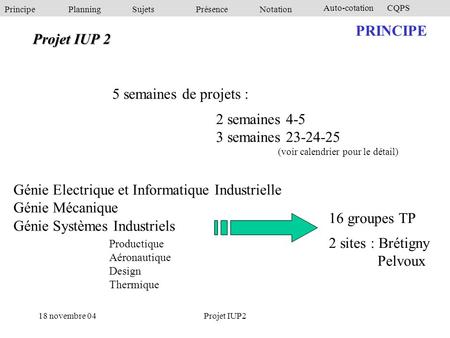 PrincipePlanningSujetsPrésenceNotation Auto-cotationCQPS 18 novembre 04Projet IUP2 PRINCIPE Projet IUP 2 Projet IUP 2 5 semaines de projets : 2 semaines.