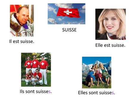 SUISSE Il est suisse. Elle est suisse. Ils sont suisses.