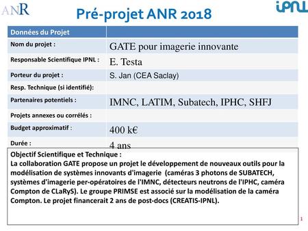 Pré-projet ANR 2018 GATE pour imagerie innovante E. Testa