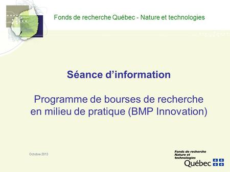 Fonds de recherche Québec - Nature et technologies Séance d’information Programme de bourses de recherche en milieu de pratique (BMP Innovation) Octobre.