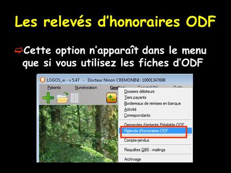 Les relevés d’honoraires ODF  Cette option n’apparaît dans le menu que si vous utilisez les fiches d’ODF.