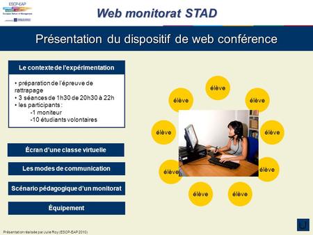 Web monitorat STAD Présentation réalisée par Julie Roy (ESCP-EAP 2010) Présentation du dispositif de web conférence Les modes de communication Scénario.