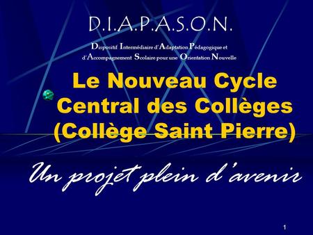 1 Le Nouveau Cycle Central des Collèges (Collège Saint Pierre) Un projet plein d’avenir D.I.A.P.A.S.O.N. D ispositif I ntermédiaire d’ A daptation P édagogique.