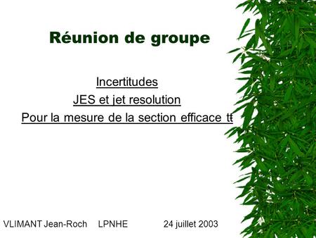 Réunion de groupe VLIMANT Jean-Roch LPNHE 24 juillet 2003 Incertitudes JES et jet resolution Pour la mesure de la section efficace tŧ.