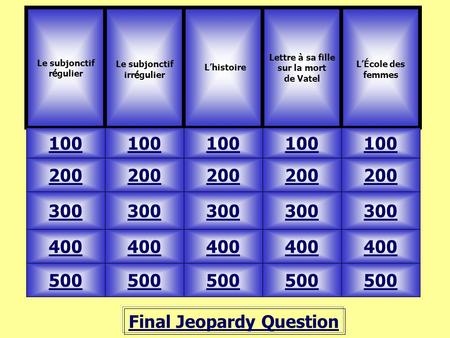 Final Jeopardy Question 100 Lettre à sa fille sur la mort de Vatel L’École des femmes 500 400 300 200 100 200 300 400 500 L’histoire.