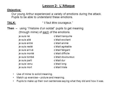 Lesson 2: L’Attaque Objective: Our young Arthur experienced a variety of emotions during the attack. Pupils to be able to understand these emotions. TALK: