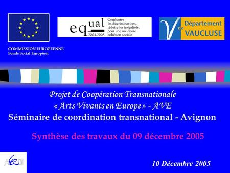 Synthèse des travaux du 09 décembre 2005 COMMISSION EUROPEENNE Fonds Social Européen Projet de Coopération Transnationale « Arts Vivants en Europe » -