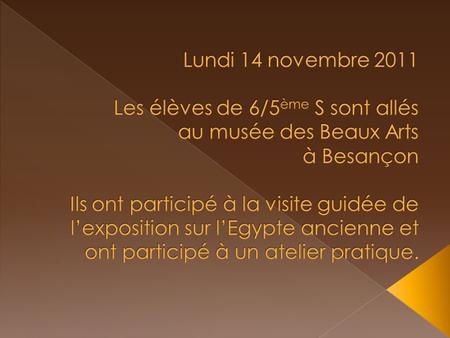 Lundi 14 novembre 2011 Les élèves de 6/5ème S sont allés au musée des Beaux Arts à Besançon Ils ont participé à la visite guidée de l’exposition sur.