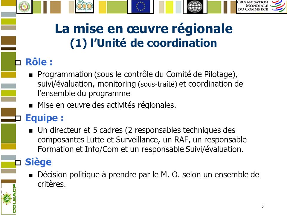 La mise en œuvre régionale (1) l’Unité de coordination