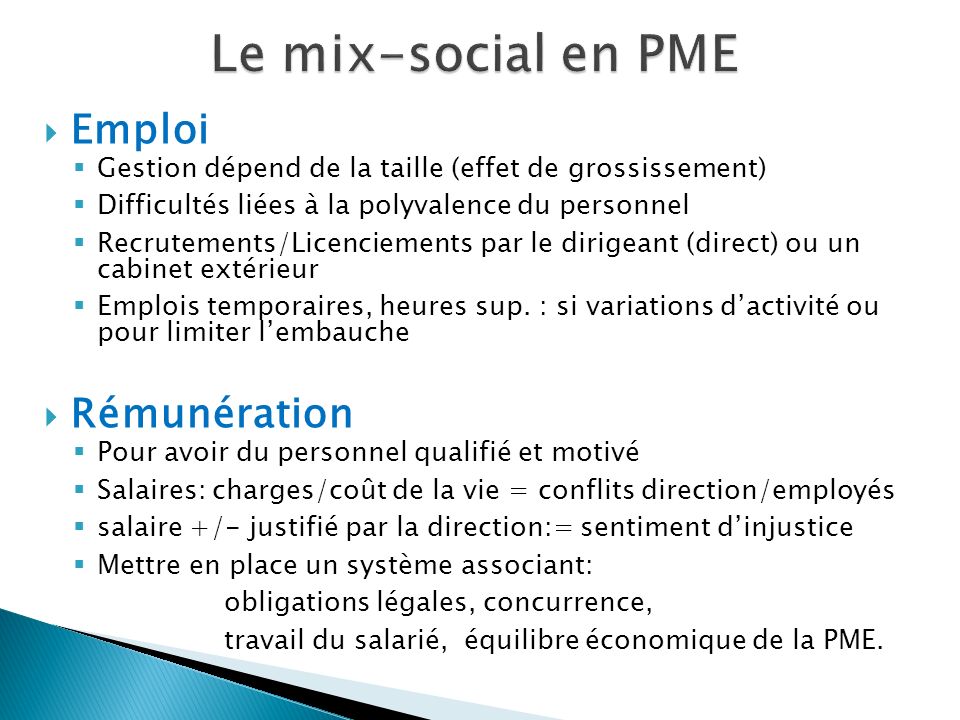 Le mix-social en PME Emploi Rémunération