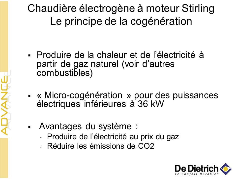 Chaudière électrogène à moteur Stirling Le principe de la cogénération