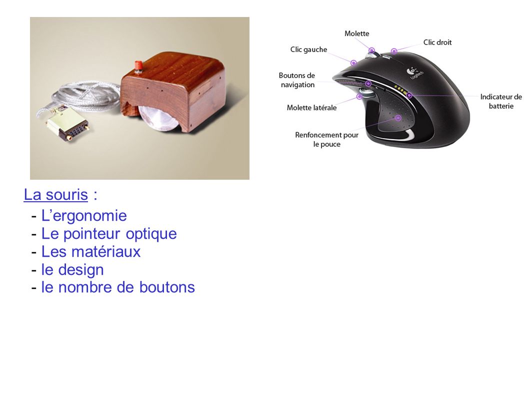 La souris : L’ergonomie Le pointeur optique Les matériaux le design le nombre de boutons