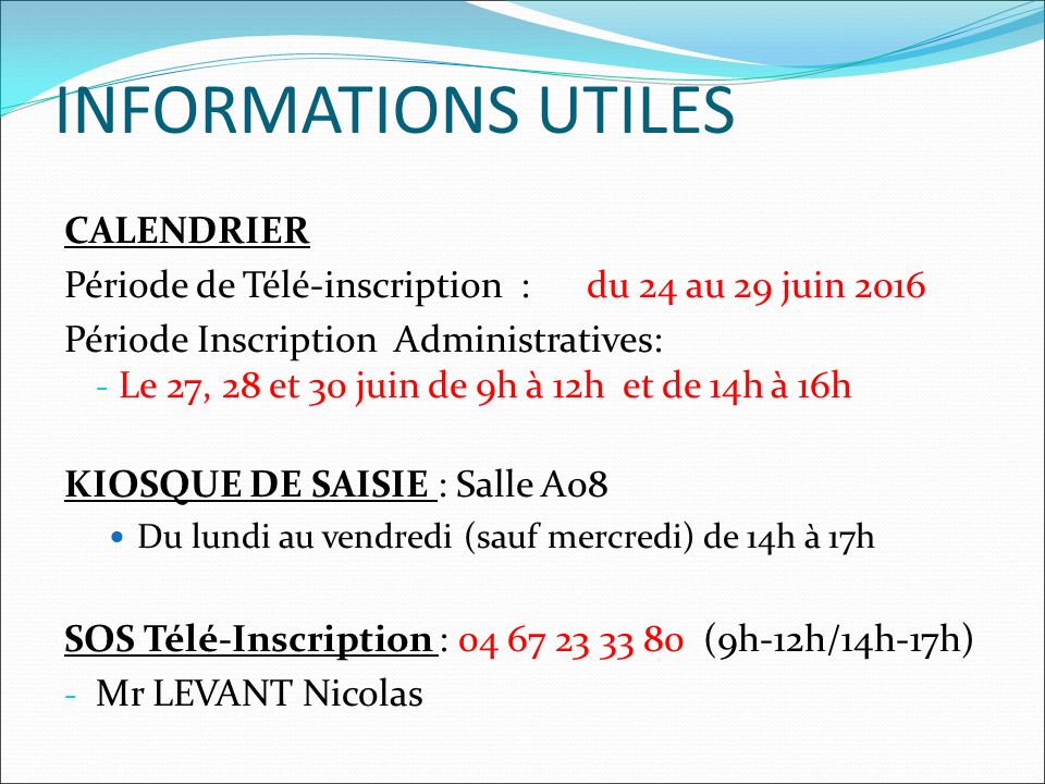 INFORMATIONS UTILES CALENDRIER