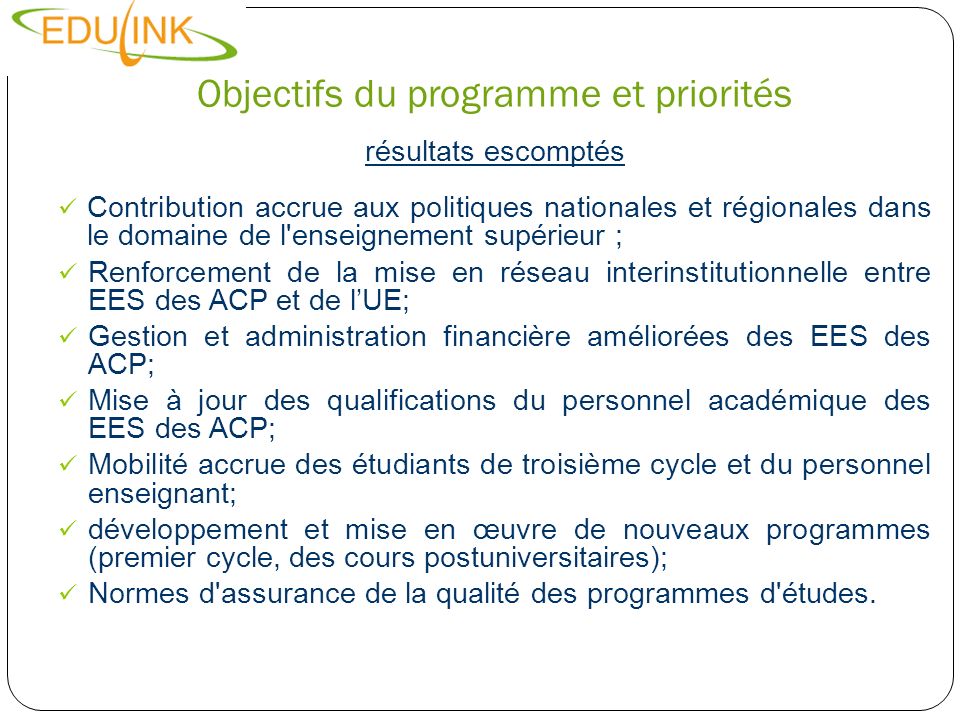 Objectifs du programme et priorités