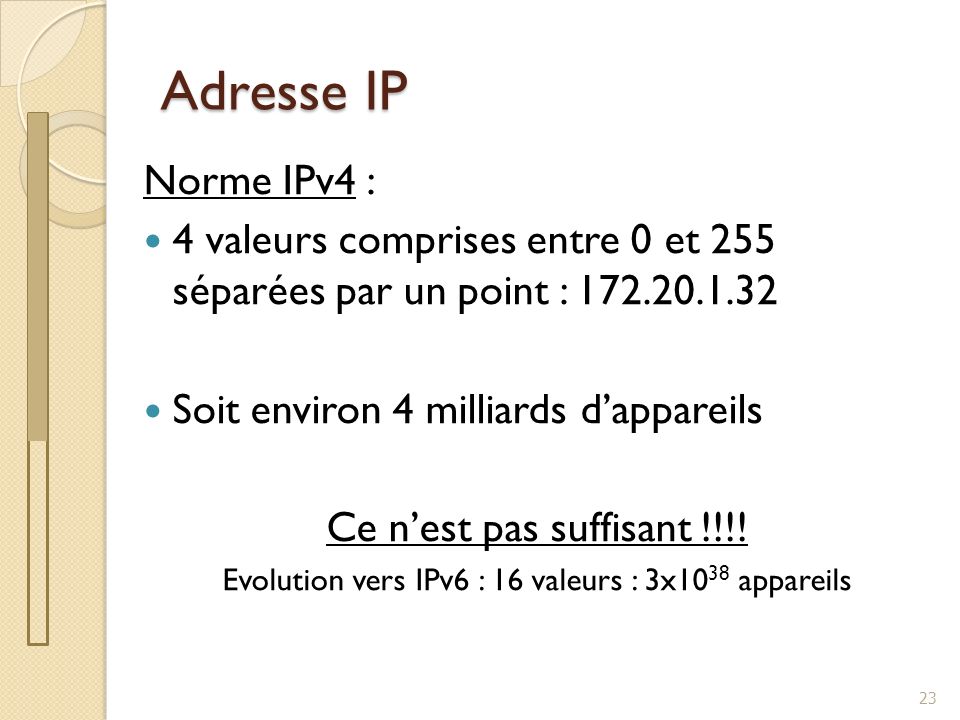 Evolution vers IPv6 : 16 valeurs : 3x1038 appareils