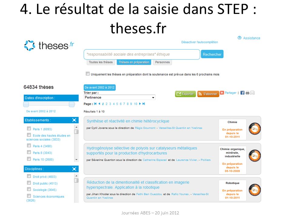 4. Le résultat de la saisie dans STEP : theses.fr