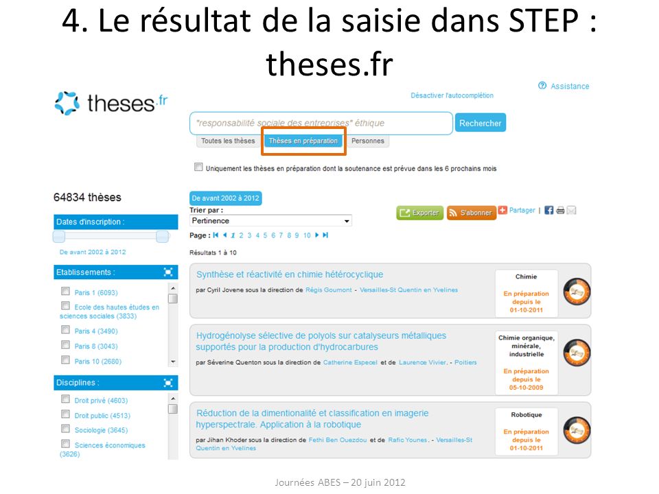 4. Le résultat de la saisie dans STEP : theses.fr