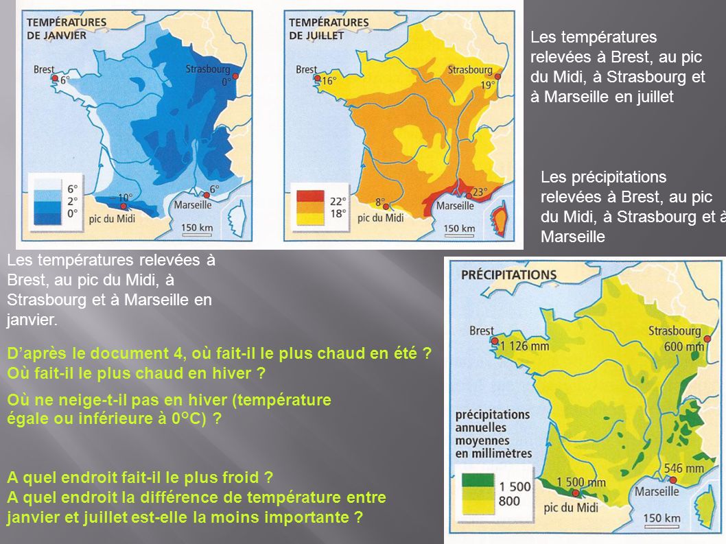 Les températures relevées à Brest, au pic du Midi, à Strasbourg et à Marseille en juillet
