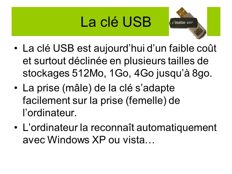 La clé USB La clé USB est aujourd’hui d’un faible coût et surtout déclinée en plusieurs tailles de stockages 512Mo, 1Go, 4Go jusqu’à 8go.