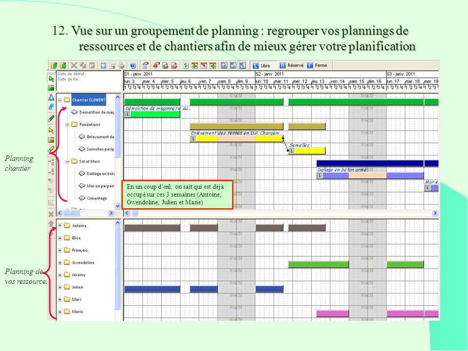 12. Vue sur un groupement de planning : regrouper vos plannings de ressources et de chantiers afin de mieux gérer votre planification
