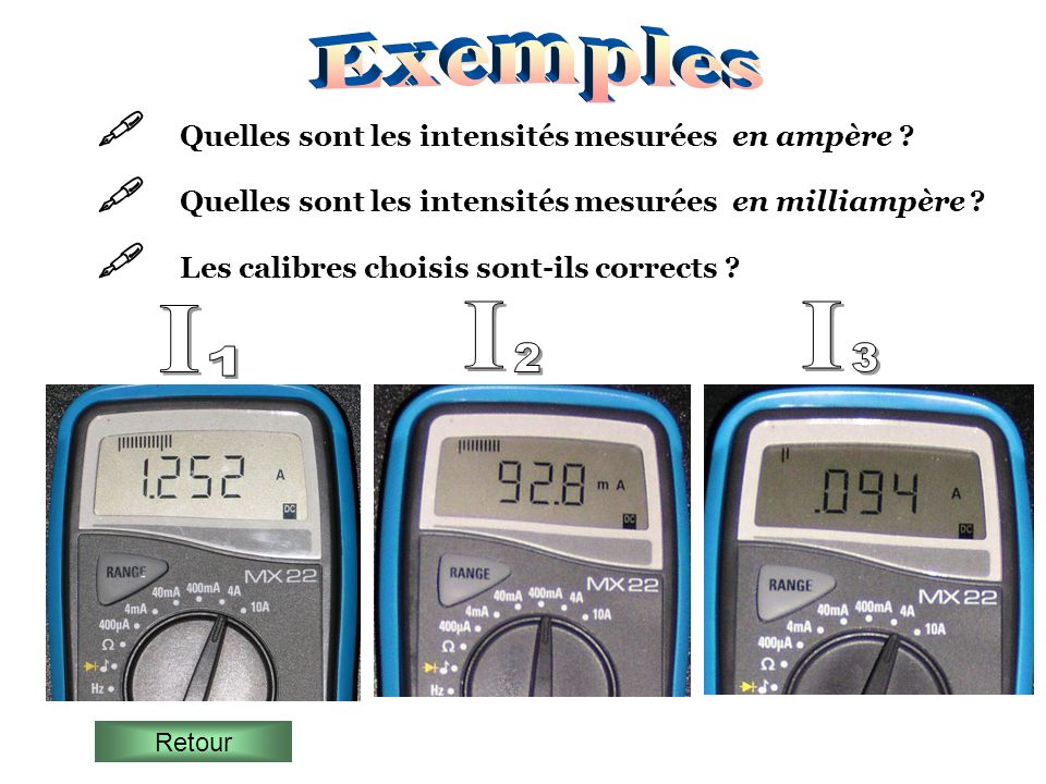 Exemples  Quelles sont les intensités mesurées en ampère  Quelles sont les intensités mesurées en milliampère