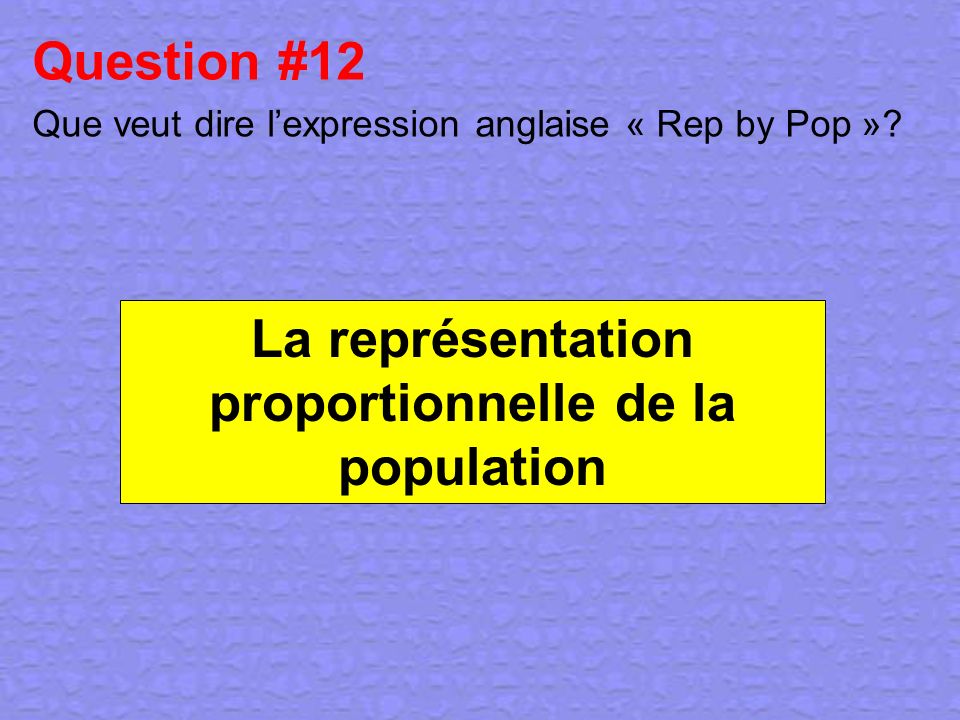 Question #12 Que veut dire l’expression anglaise « Rep by Pop »