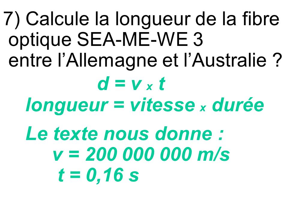 7) Calcule la longueur de la fibre optique SEA-ME-WE 3 entre l’Allemagne et l’Australie