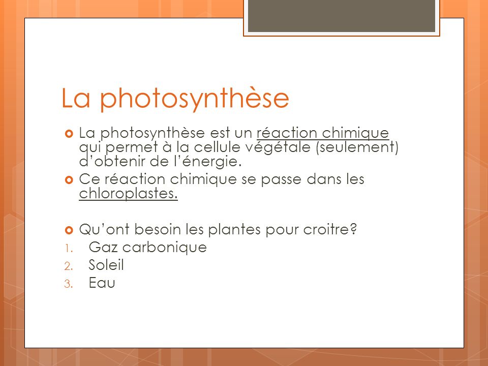 La photosynthèse La photosynthèse est un réaction chimique qui permet à la cellule végétale (seulement) d’obtenir de l’énergie.