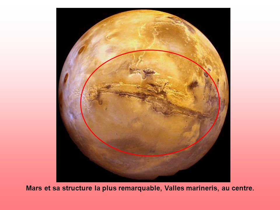 Mars et sa structure la plus remarquable, Valles marineris, au centre.