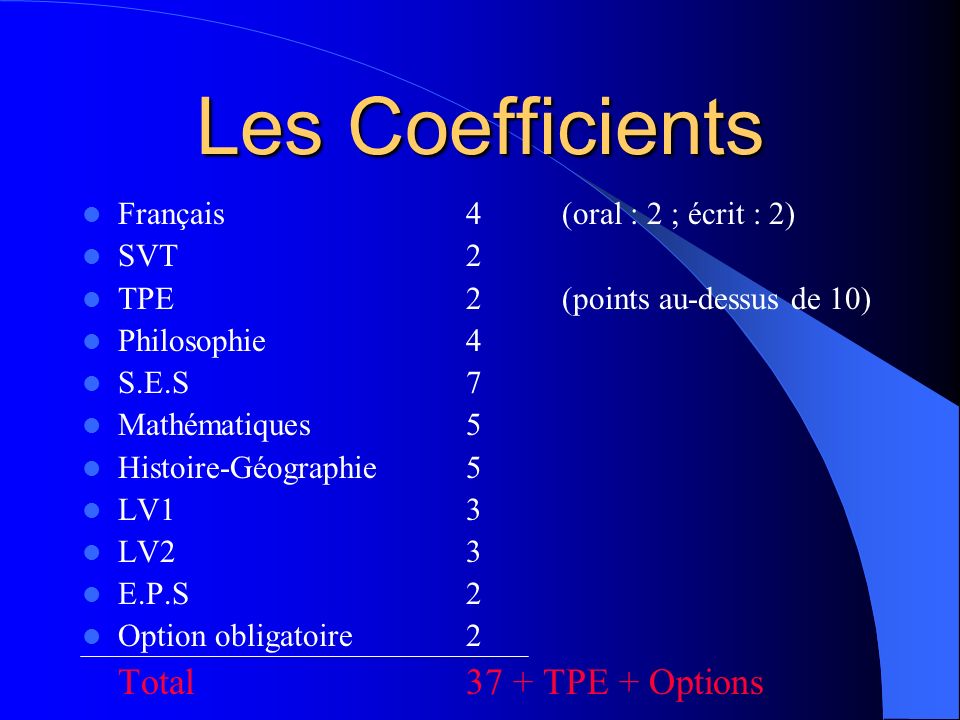 Les Coefficients Total 37 + TPE + Options