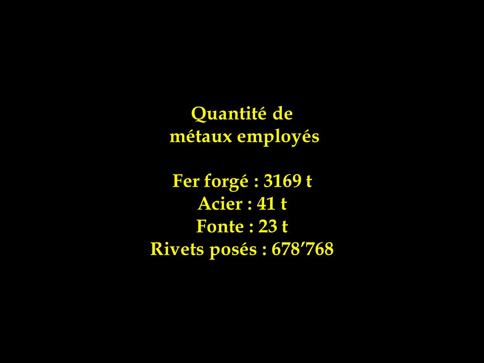 Quantité de métaux employés Fer forgé : 3169 t Acier : 41 t Fonte : 23 t Rivets posés : 678’768