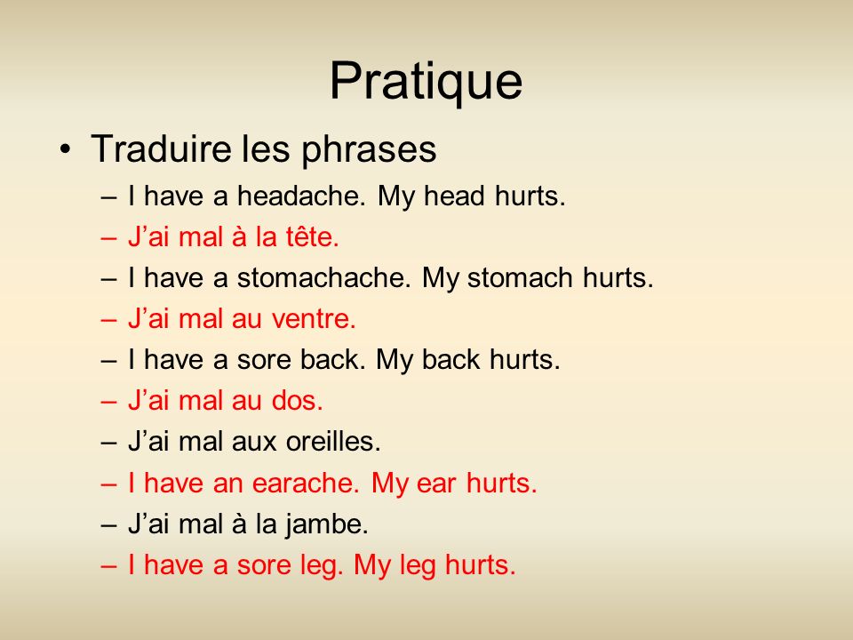 Pratique Traduire les phrases I have a headache. My head hurts.