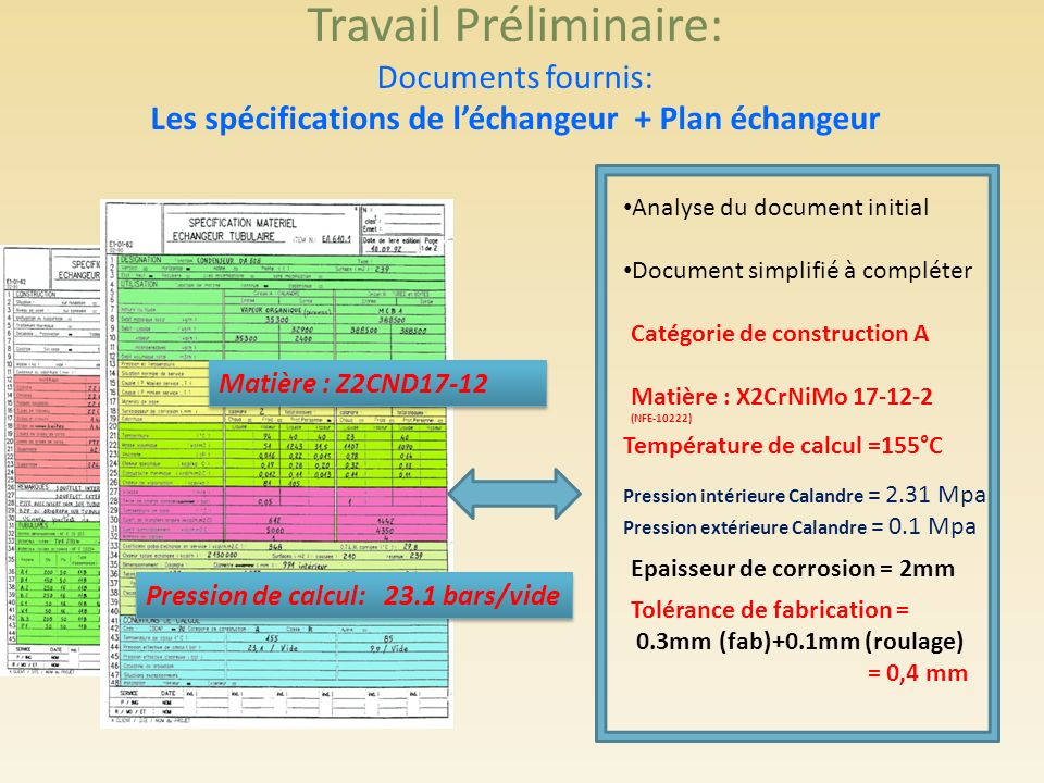 Travail Préliminaire: Documents fournis: Les spécifications de l’échangeur + Plan échangeur