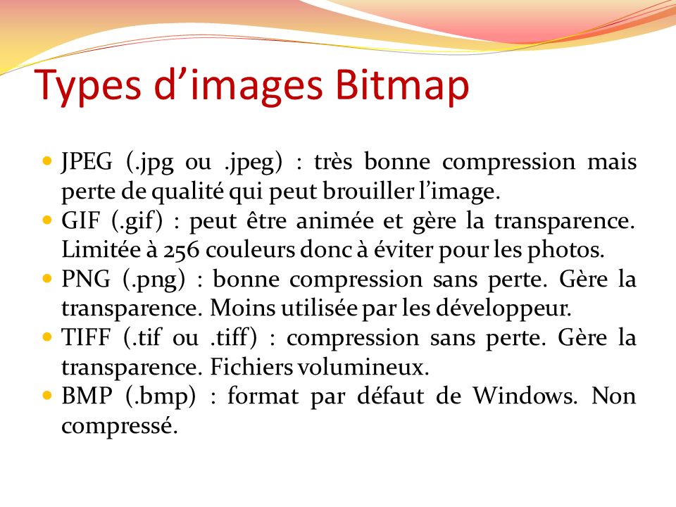 Types d’images Bitmap JPEG (.jpg ou .jpeg) : très bonne compression mais perte de qualité qui peut brouiller l’image.