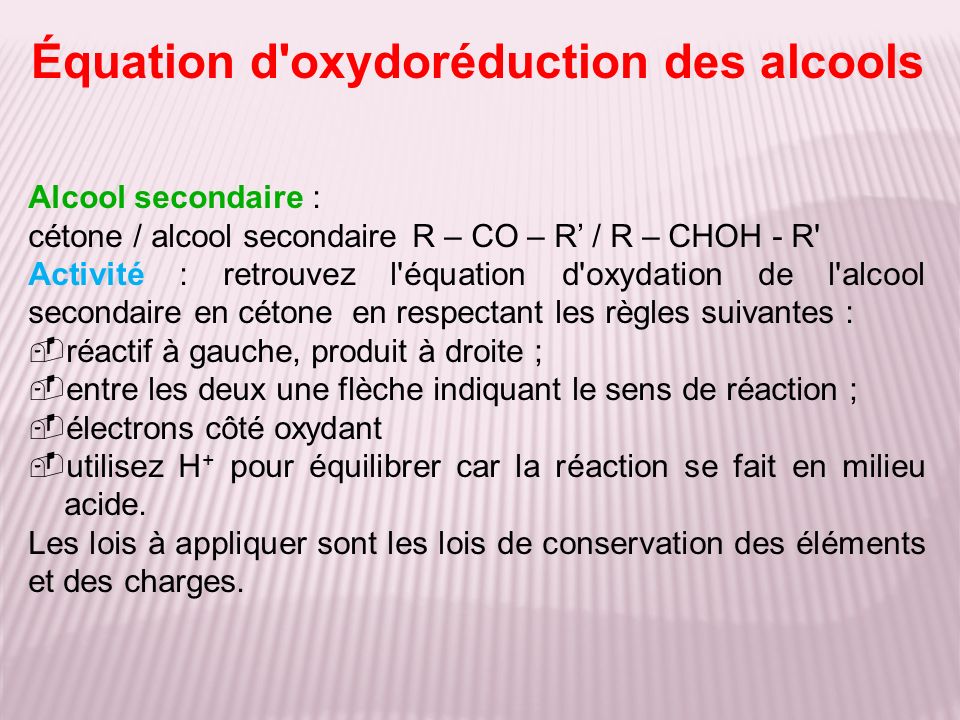 Équation d oxydoréduction des alcools