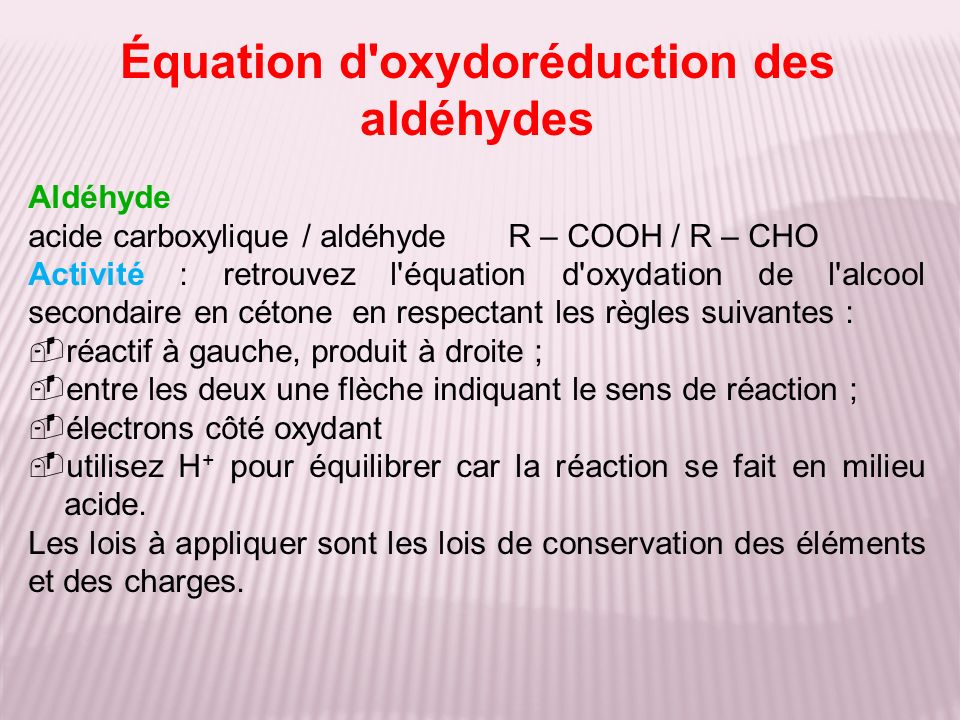 Équation d oxydoréduction des aldéhydes