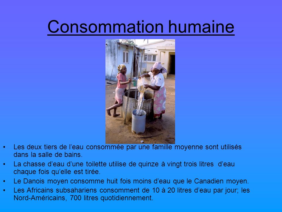 Consommation humaine Les deux tiers de l’eau consommée par une famille moyenne sont utilisés dans la salle de bains.
