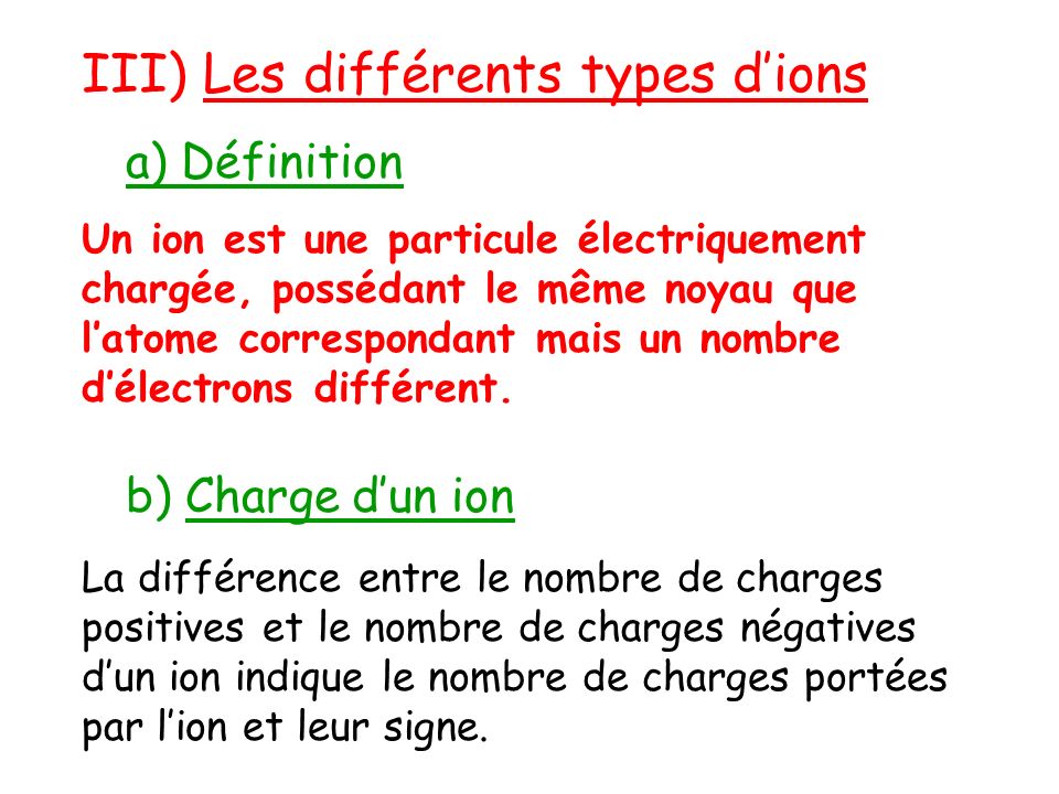b) Charge d’un ion III) Les différents types d’ions a) Définition