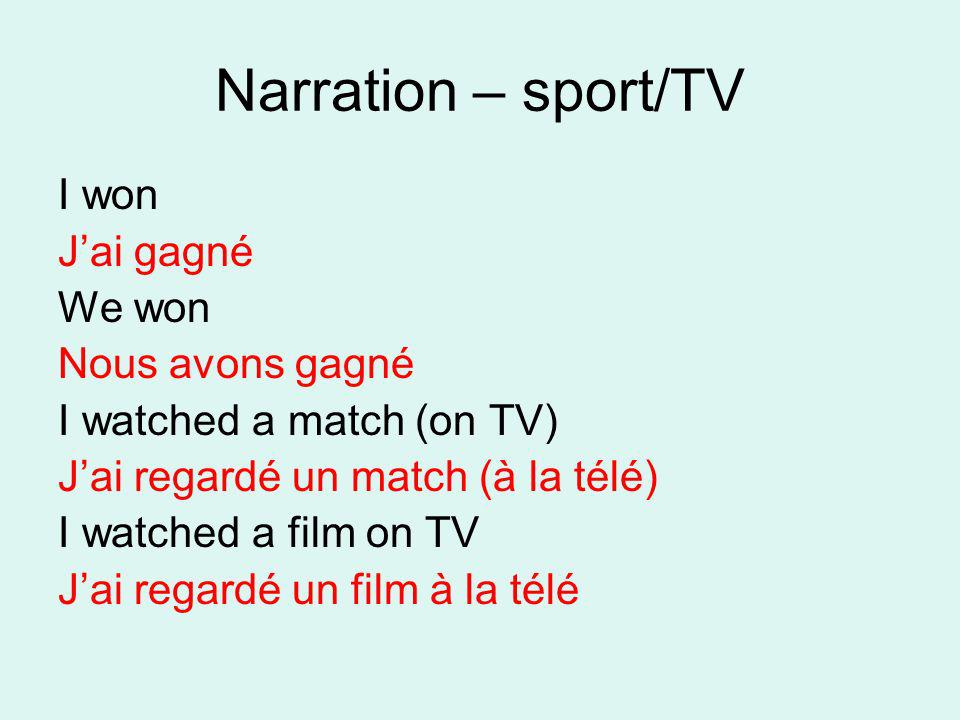 Narration – sport/TV I won J’ai gagné We won Nous avons gagné