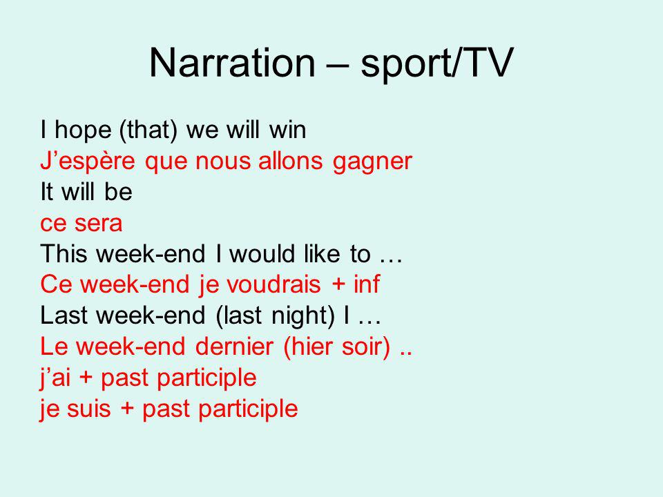 Narration – sport/TV I hope (that) we will win
