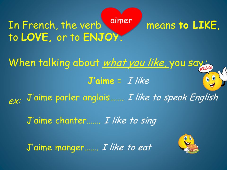 In French, the verb means to LIKE, to LOVE, or to ENJOY.