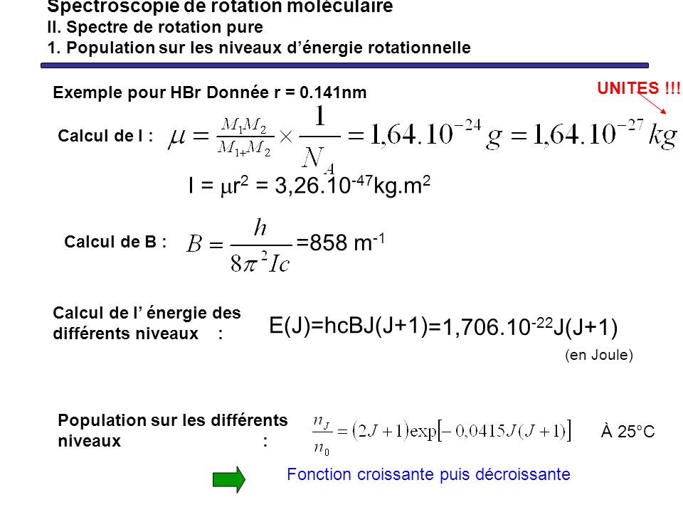 I = mr2 = 3, kg.m2 =858 m-1 E(J)=hcBJ(J+1) =1, J(J+1)