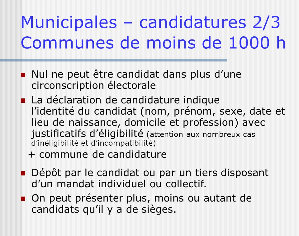 Municipales – candidatures 2/3 Communes de moins de 1000 h